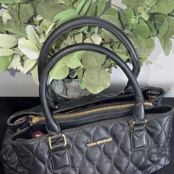 Vera Bradley Black Quilted Leather Satchel Floral Lining Shoulder Bag Classy - Picture 3 of 17